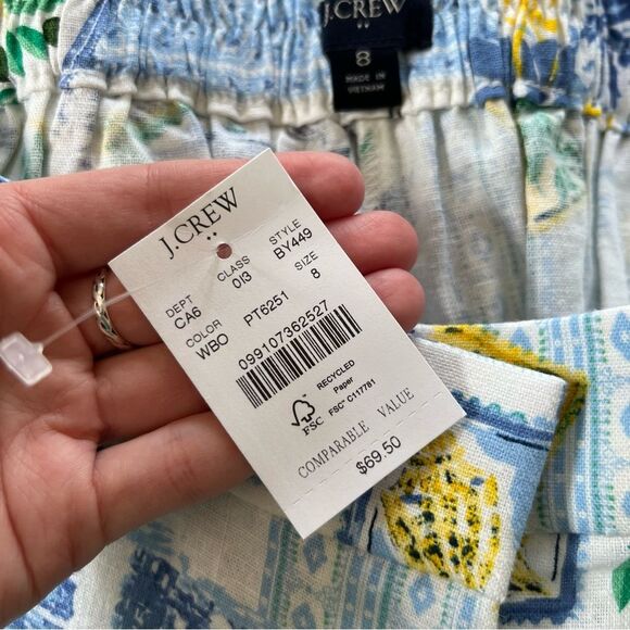 NWT J. Crew  Printed Elastic-back Linen Blend Pleated Shorts in Blue/Green - Picture 9 of 9